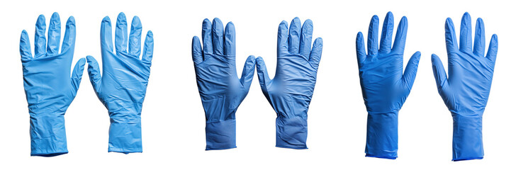 A pair of blue nitrile medical gloves on a transparent background