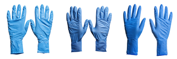 A pair of blue nitrile medical gloves on a transparent background