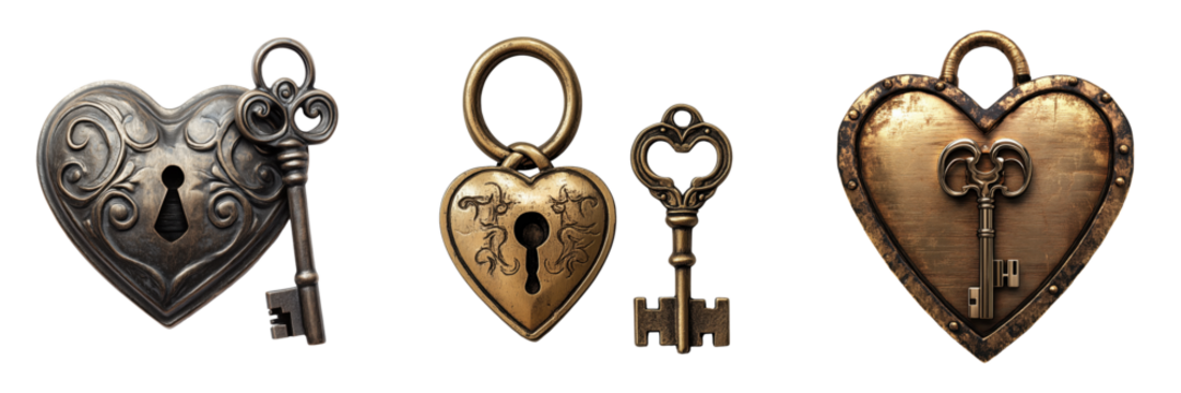 set of a heart-shaped lock and key on a transparent background
