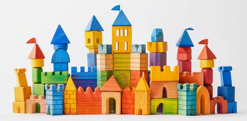 castle built from children's wooden colorful construction set on a white background