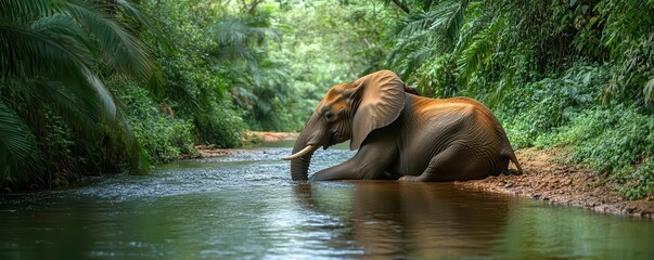 Elephant resting by a jungle stream, water reflecting the dense greenery, creating a peaceful atmosphere