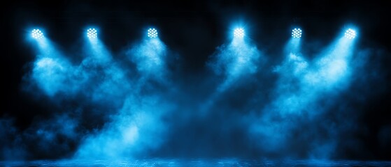 Fototapeta premium Blue stage lights illuminate smoke, creating a dramatic atmosphere for events or performances.