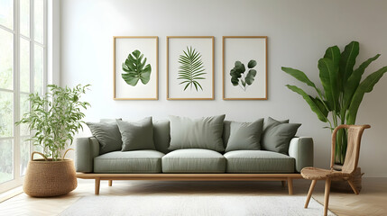 Green sofa with wooden legs, three framed botanical prints, a potted plant in a wicker basket, and a woven chair.