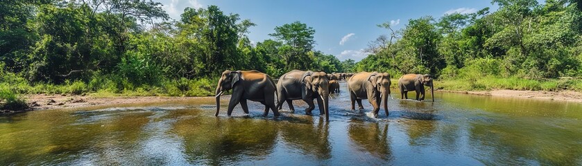 Fototapeta premium A herd of elephants crossing a shallow jungle stream, the peaceful water reflecting their gentle presence