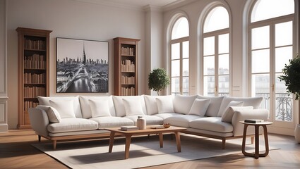 Create a serene and modern bedroom design featuring a wooden bed frame with crisp white bedding