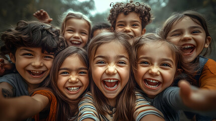 Fototapeta premium Group of happy children laughing and smiling at the camera.