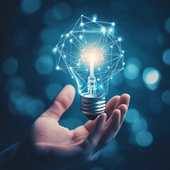 Hand holding a light bulb with a glowing effect and a network connection on a blue background.