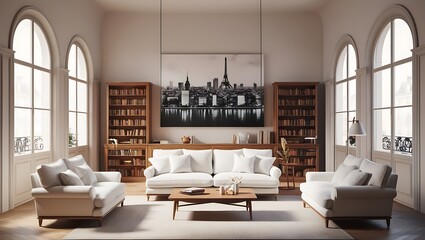 Create a serene and modern bedroom design featuring a wooden bed frame with crisp white bedding