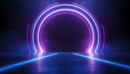 Futuristic neon arch with vibrant purple and blue lights illuminating a dark environment, creating a mesmerizing visual effect.
