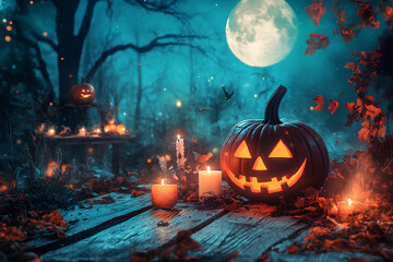 Naklejka premium Halloween pumpkin head jack lantern with burning candles