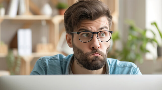 Portrait of confused man looking at computer screen. Puzzled employee, office worker, student or hipster feeling dumb and stupid trying to understand hard complicated stuff or fix PC software