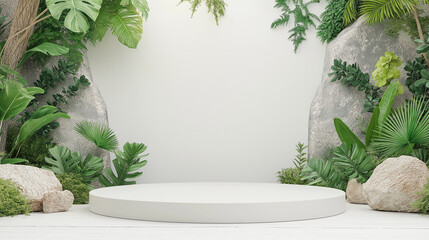 Contemporary White Podium Stage Rack front view focus with Green Stone and Tropical Leaves Background, perfect, very realistic.