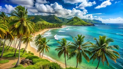 Fototapeta premium Sandy shores stretch along turquoise waters, majestic palm trees sway in the breeze, and lush green hills meet