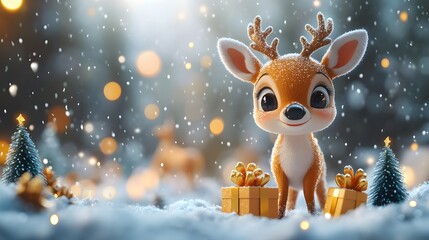 A vibrant Xmas composition with big and small deer, gift boxes, snow-dusted trees, and shimmering gold confetti on a festive winter background, rendered in Cartoon 3D animation, Vector illustration.