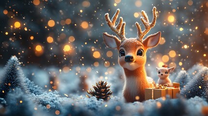 A vibrant Xmas composition with big and small deer, gift boxes, snow-dusted trees, and shimmering gold confetti on a festive winter background, rendered in Cartoon 3D animation, Vector illustration.