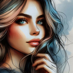 Fototapeta premium Beautiful attractive young woman. Pencil drawing and painting on canvas.