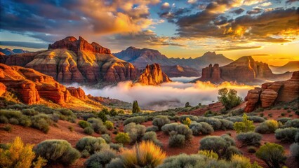 Naklejka premium Scenic sunrise over rugged red rock formations and desert landscape in St. George, Utah, with misty fog rolling in and warm golden light illuminating the scene.