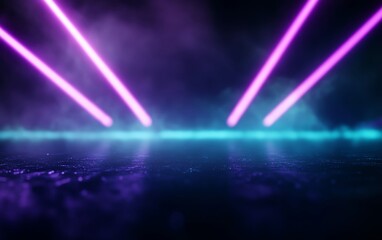 Vibrant laser lights illuminate a misty surface, creating an energetic and dynamic atmosphere perfect for events or shows.