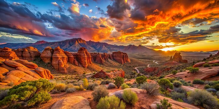 Scenic vista of rugged red rock formations and desert landscape at sunset in Dixie Rock, St. George, Utah, - Powered by Adobe