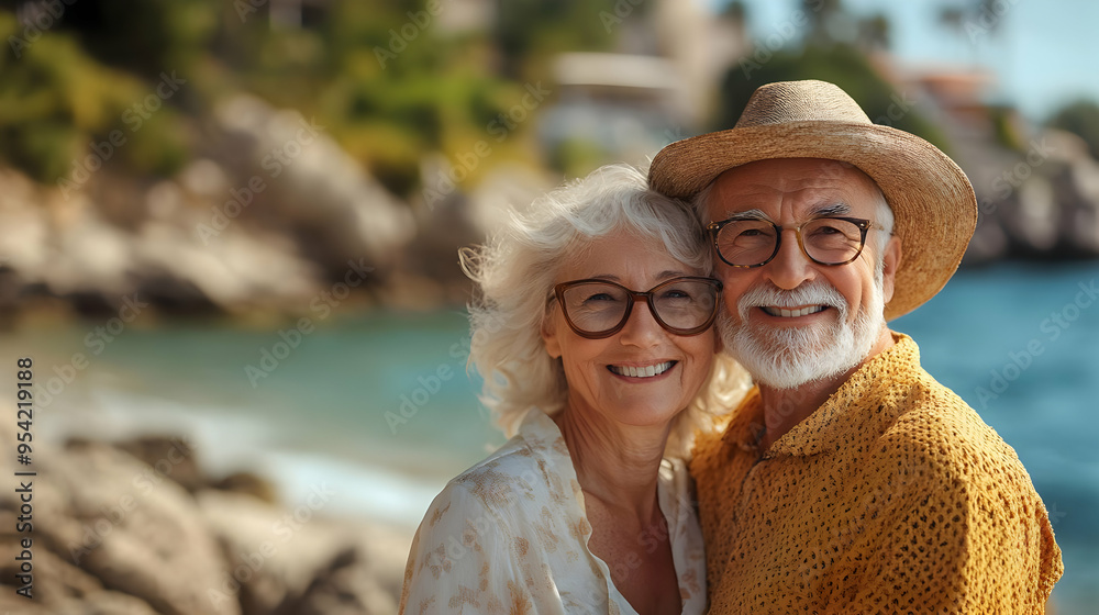 Wall mural Happy senior couple smiling at the camera on a sunny day.