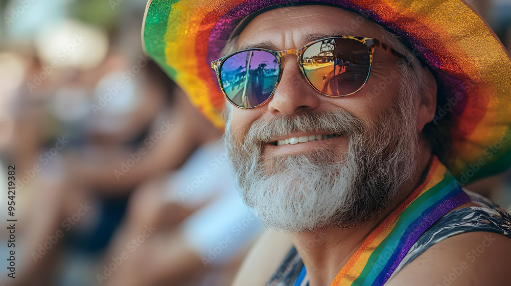 Wall mural Happy senior man wearing a rainbow hat and sunglasses, smiling at the camera.