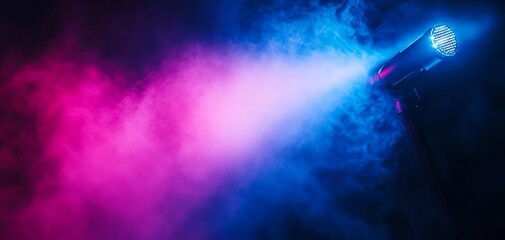 Vibrant stage light illuminates the dark with colorful smoke, creating a dynamic and energetic atmosphere for events.