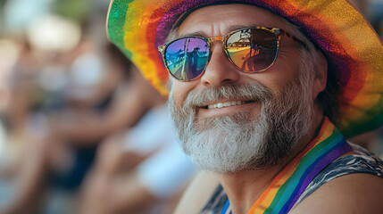 Happy senior man wearing a rainbow hat and sunglasses, smiling at the camera.