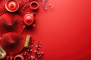 Fototapeta premium Looking down at the red teacups and gifts