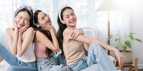 Closeup portrait of young beautiful asian group of friends girl in morning makeup routine. Beauty...