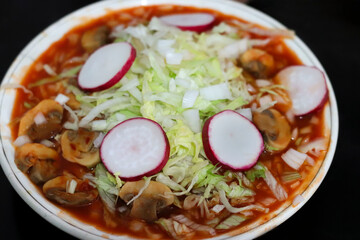 Red mushroom pozole, vegan, for dinner on the night of the cry of independence or the Christmas dinner in December.