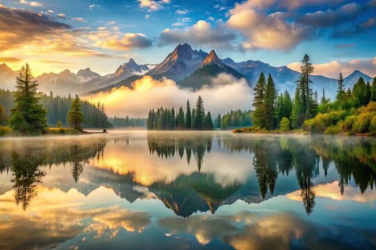 Serene atmosphere surrounds a misty lake, where a majestic mountain range is reflected, creating a symmetrical and harmonious composition of nature's beauty.