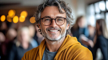 Fototapeta premium Happy, middle-aged man with glasses smiles warmly in a casual setting.
