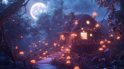 Naklejka premium A cozy bungalow surrounded by a fence of gnarled, twisted branches.