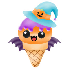 Halloween pumpkin ice cream cone with orange witch hat and beautiful wings on transparent background.