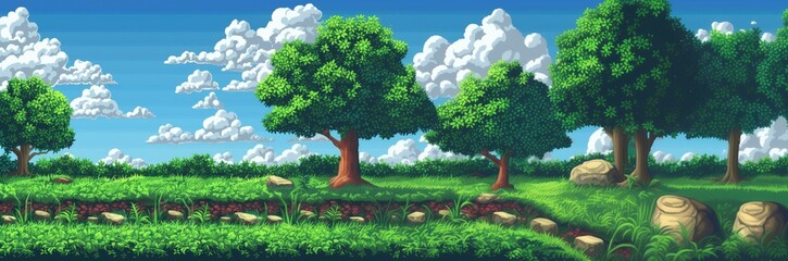 Pixel Art Spring Summer Nature Landscape, Video Game Outdoor Platformer Asset Background, 8bit Retro Trees Grass Meadow Blue Sky Backdrop, Side-scroller Side View Pixelated Valley