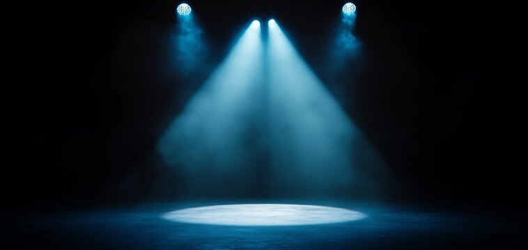 A dramatic stage with blue spotlight beams illuminating a dark background, creating an atmosphere perfect for performance.