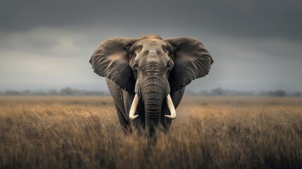 Fototapeta premium A lone elephant standing in the wilderness, showing majesty and strength.