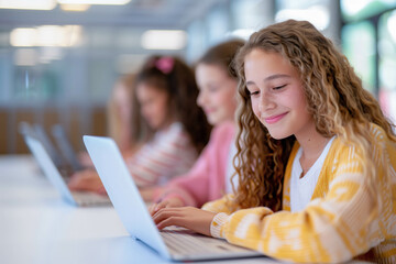 Girls Engaged in Schoolwork on Laptops in Classroom