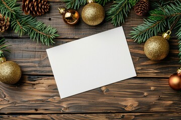 Christmas blank card with festive ornaments on rustic wooden table concept
