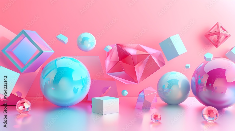 Wall mural Abstract 3D render of colorful geometric shapes against a pink background.