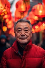 Fototapeta premium An elderly man wearing traditional Chinese clothing stands under a lantern