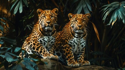 Naklejka premium A mother leopard and cub sitting in the wild, surrounded by tropical vegetation.