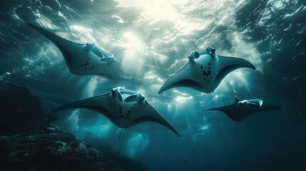 Obraz premium A group of stingrays in the deep blue ocean, swimming together as if they are a team.