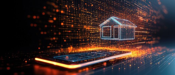 Futuristic Holographic Smart Home Design Concept with Neon Highlights and Minimalist Tech Background Hovering Above Mobile Device