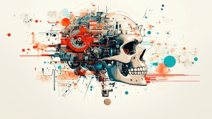 Obraz premium A surreal and grotesque robot skull caricature featuring mechanical parts and vintage tattoo patterns, positioned in the center of a white background, rendered with traditional tattoo ink techniques