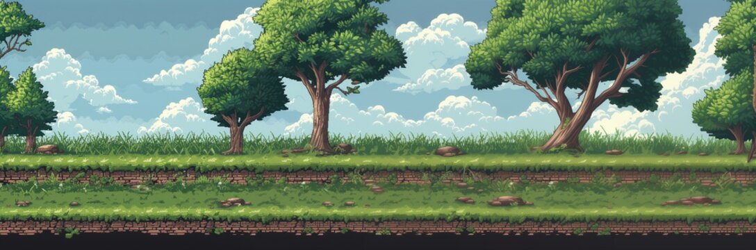 Pixel Art Spring Summer Nature Landscape, Video Game Outdoor Platformer Asset Background, 8bit Retro Trees Grass Meadow Blue Sky Backdrop, Side-scroller Side View Pixelated Valley