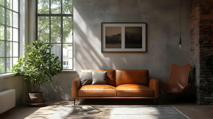 Obraz premium Leather Sofa and Armchair in a Modern Loft Living Room.