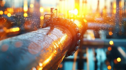 Detailed image of a gas pipe with a focus on its robust construction and precision engineering within a cutting-edge gas plant, capturing the interplay of light on its surface and the sophisticated