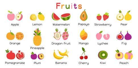 Fruits or berries with names cartoon set for kids. Sliced lemon orange apple pear watermelon peach papaya pineapple dragon fruit kiwi mango banana pomegranate. Strawberry plum cherry vector baby drawn