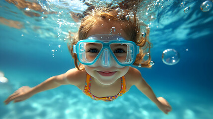 Fototapeta premium Little girl with goggles smiles underwater.